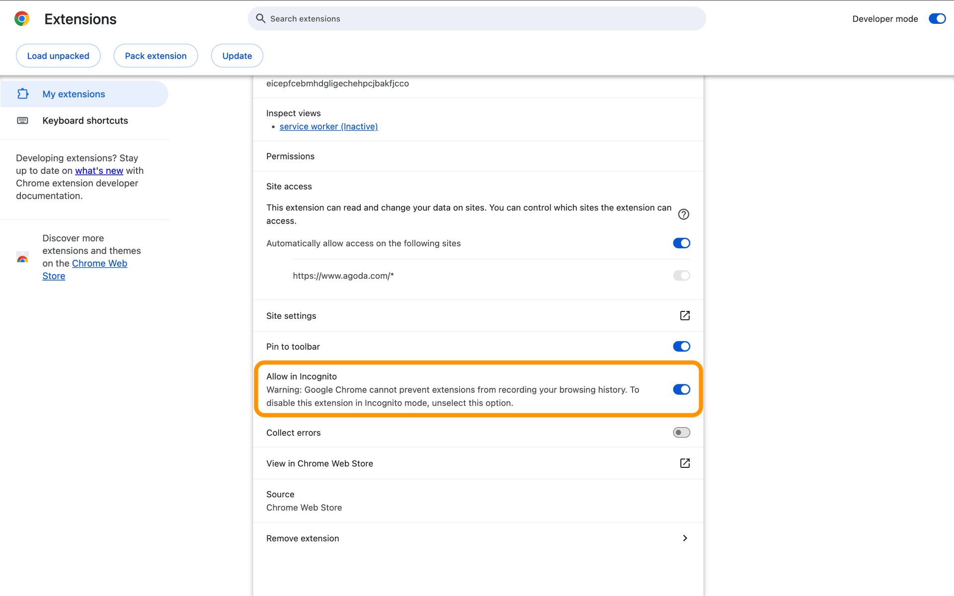 Chrome extensions page with Allow in Incognito toggle highlighted
