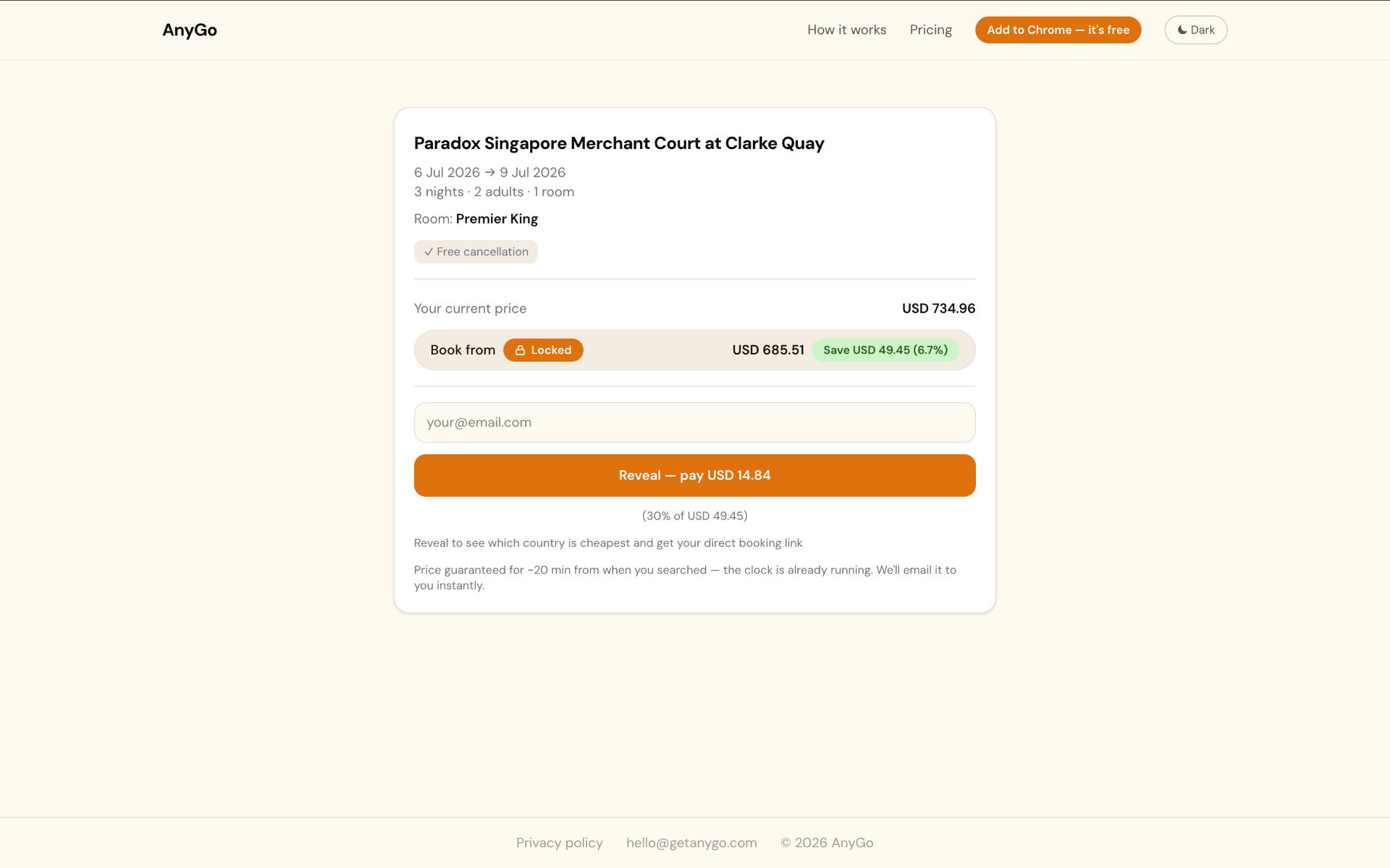 AnyGo results page with saving amount